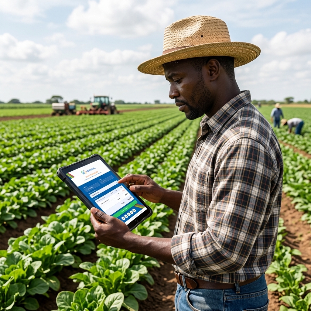 Agricultor no Campo a Faturar no Tablet